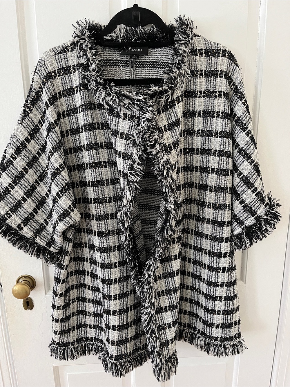 St. John Black & White Bouclé Plaid Fringe Open Cardigan with Metallic Threads